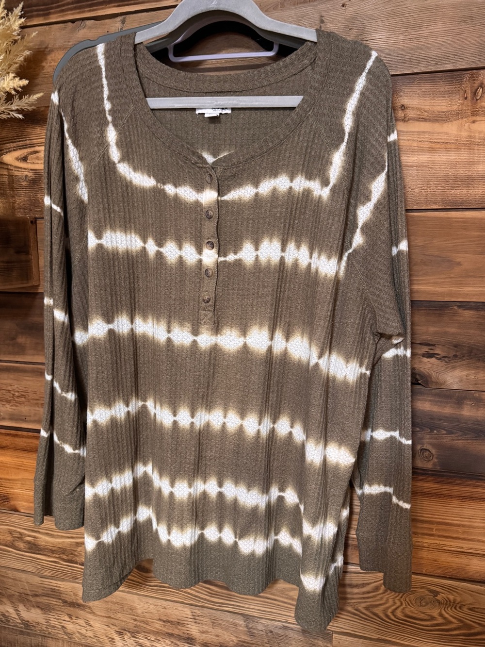 Sonoma XL Tie-Dye Henley Tunic Top Oversized | Olive Waffle | Fall Long Sleeve